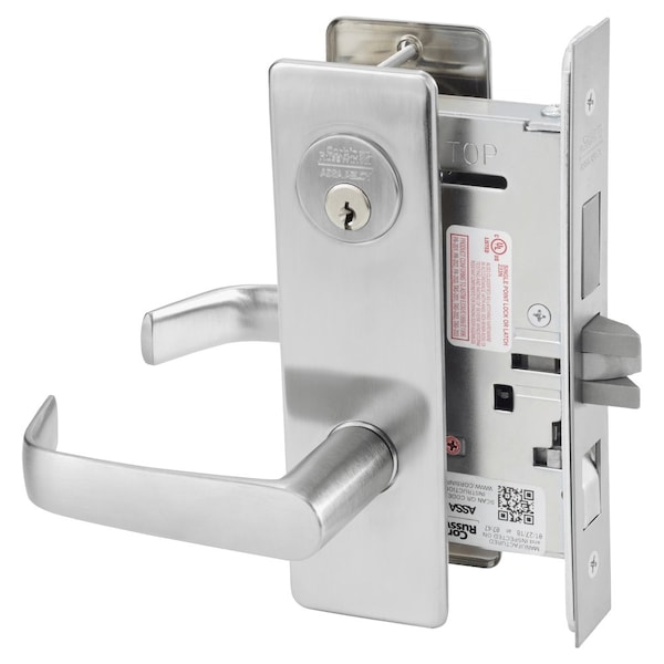 Entrance or Apartment Mortise Lock, NS Lever, M Escutcheon, Satin Chrome